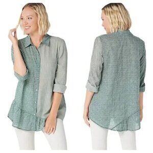 LOGO Lori Goldstein Woven Mixed Media Cottage Button Blouse Ruffle Gingham